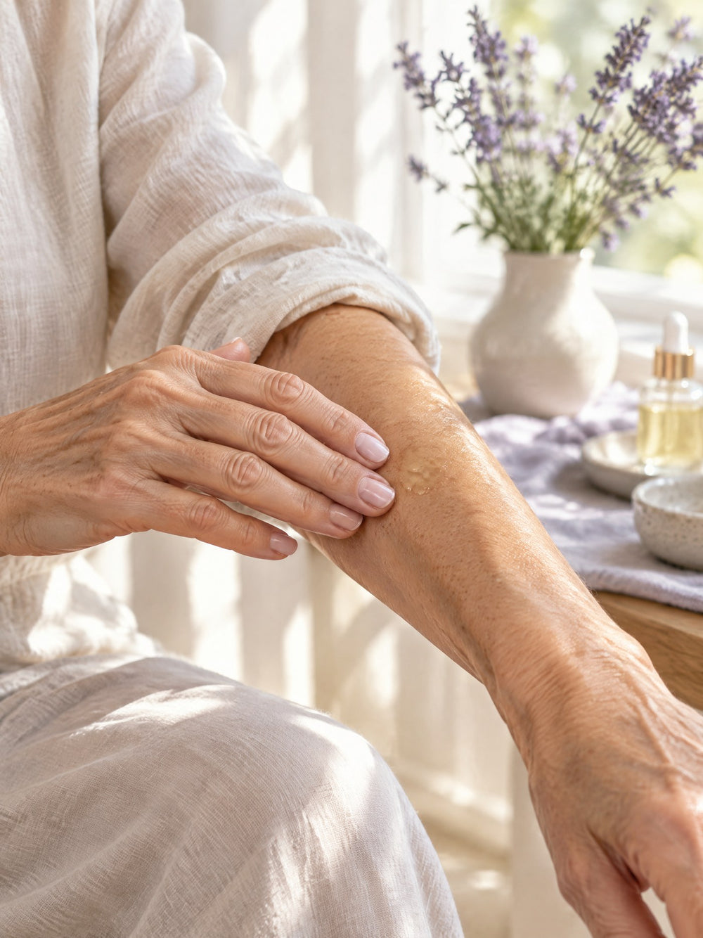 Applying serum to the forearm